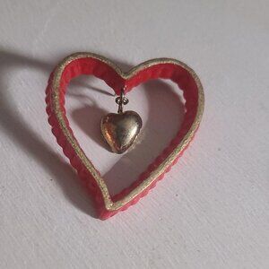 Double Heart Love Vintage Lapel Pin Brooch - Red Gold Dangle Charm Valentine Pin